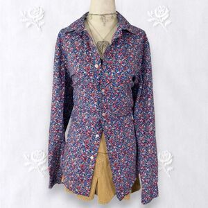 Apt. 9 Boho Preppy Red Blue Flower Floral Cotton Button Up Blouse  M